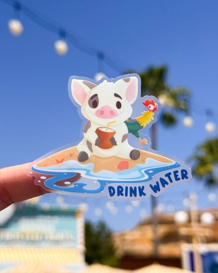 Drink Water Pua and Hei Hei Transparent Laptop Stickers, Hydrate Reminder Beach Moana planner stationery decal, water bottle, cell phone