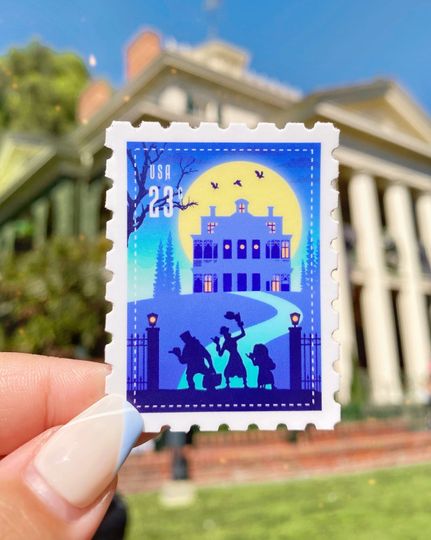Haunted Mansion Postage Stamp Sticker, Hitchhiking Ghosts Grim Grinning Ghosts Vintage Retro Disney Water bottle Cellphone Decals