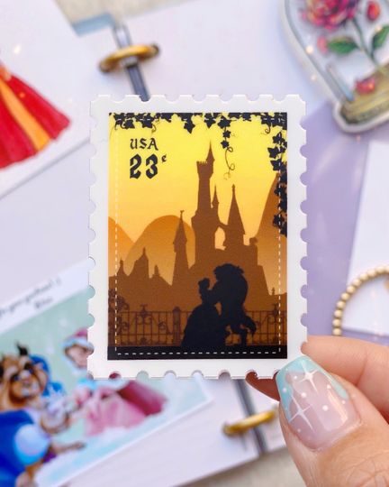 Belle Beast Postage Stamp Sticker, Beauty and the Beast Vintage Disney Couple Water bottle Cellphone Decals