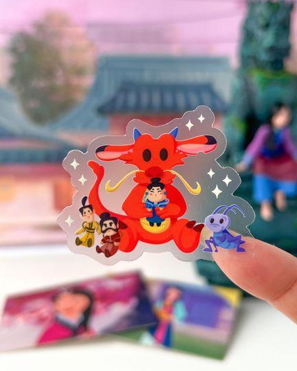 Mushu, Crickee, Yao, Ling, Chien Po plushie Transparent Disney Laptop Stickers, Mulan planner stationery decal, water bottle, cell phone