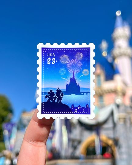 Mouse Sweethearts Fireworks Postage Stamp Sticker, Couple Wedding Castle Kingdom Magic Vintage Retro Disney Water bottle, Cellphone Decals