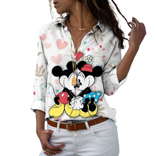 Disney Harajuku Slim Fit 3D Printed Women's Button Down Long Sleeve, Women's Long Sleeve Shirt, Gift For Mother, Gift For Her