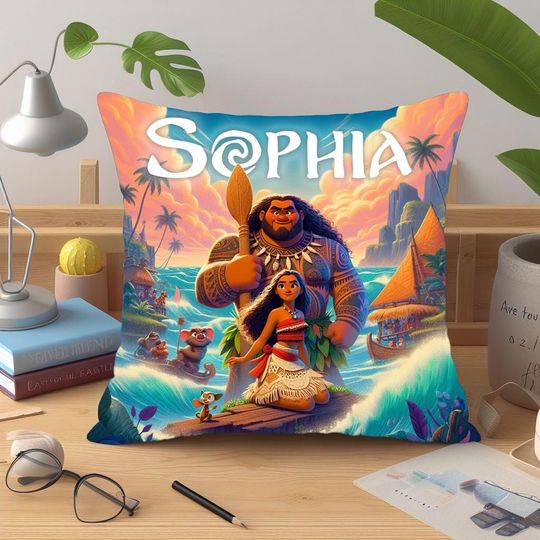 Moana pillow personalized with your name, Disney Throw Pillows, 100% polyester, includes padding, zipper for easy washing