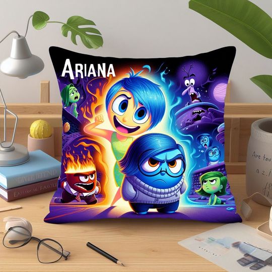 Inside Out pillow personalized with your name, 100% polyester, includes padding, zipper for easy washing