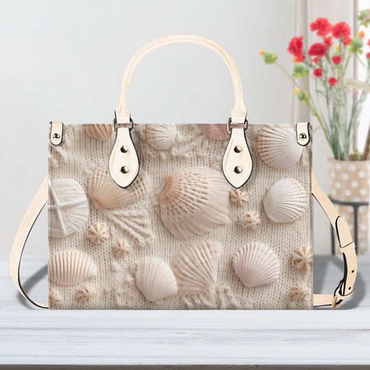 Faux Embroidered Seashell Print Leather Handbag, Summer Beach Print purse, Large Leather Tote Bag, Purse for Mom, Vacation Handbag