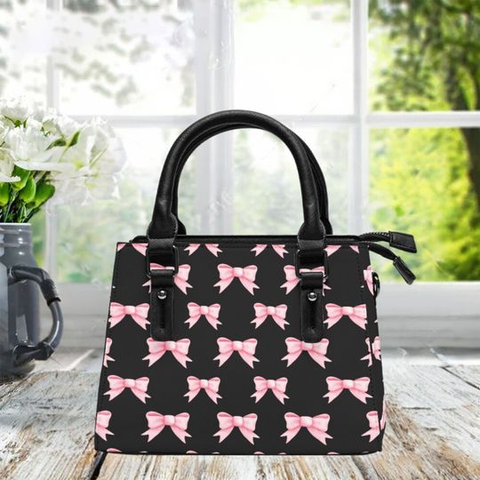 Pink Bow Coquette Design Handbag, black Handbag, Dark Coquette Small Ladies Leather Purse, Ladies black purse, Spring handbag with pink bow