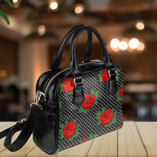 Red Rose Handbag,  Black Handbag with Red Roses, Rockabilly Purse, Rose and Polka Dot Black handbag, Gift for Her, Pin Up Style Handbag,