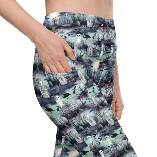 Leggings with pockets - Halloween Ghost Graveyard, High Waisted ladies gym wear - 2XS-6X! Squat Proof! Moisture wicking, activewear.