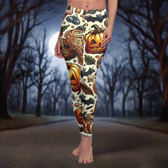 Halloween Pattern Leggings, Halloween Outfit, Spooky Pumpkin and Skulls Leggings, Halloween Gift, Halloween Clothing, Halloween Celebration