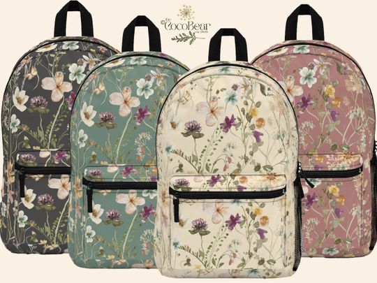 Boho Floral Backpack Flower Print Bookbag Pressed Flowers College Bag for University Student Custom Gift Pastel Cottagecore Backpack Flowers