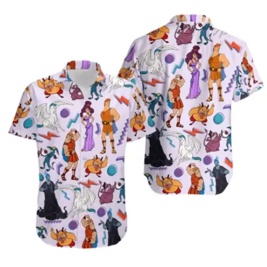 Retro 90s Hercules Megara Phil Pegasus Hades Pain and Panic Hawaiian Shirt, Disney Casual Fashion Button Short Sleeve Hawaiian Shirt, Men's and Women's Shirt