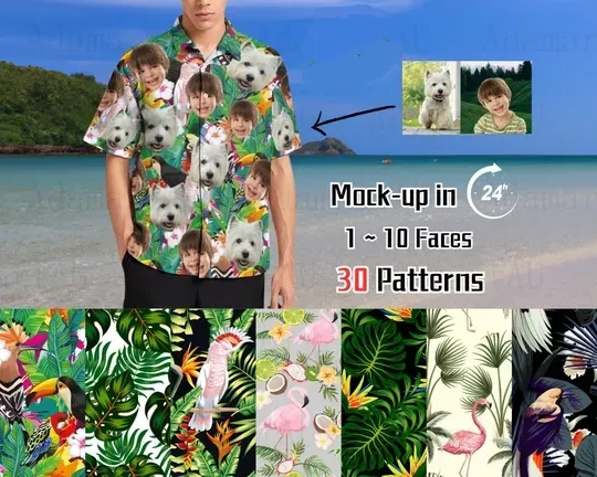 Personalized Hawaiian Pocket Shirt with Faces Logo Shirt Text Shirt Party Shirt Wedding Shirt Pet Face on Shirt Face Hawaiian Shirt Hat