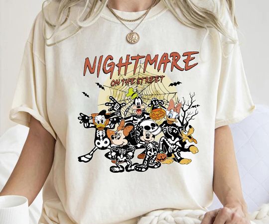 Disney Mickey and Friends Halloween Skeleton Nightmare on Street cotton Shirts, Graphic Tshirt for men, women, Unisex, Halloween Gifts