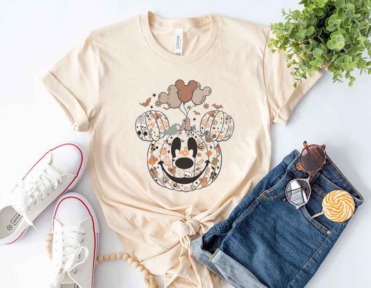 Mickey Mouse pumpkin Balloons Halloween Cotton Shirt, Comfortable Short Sleeve Sports Tee for Men, Women, Kids - Trending Street Fashion
