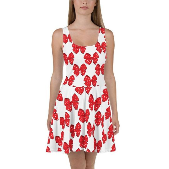 Red BOWS Polka Dots Flowy Skater Dress, Stretchy Fitted Dress, Skater Skirt - Women, Ladies, Girls, Fun Date Night, Party, Cocktail, Mouse