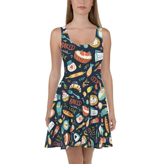 Baking Sweets Flowy Skater Dress, Stretchy Fitted Dress, T-Shirt Dress, Skater Skirt - Ladies, Girls, Fun Date Night, Party, Desserts, Treat