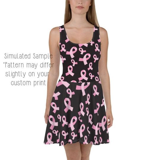 Breast Cancer Pink Ribbon Flowy Skater Dress, Stretchy Fitted Dress, Skater Skirt - Women, Ladies, Girls, Awareness, Prevention, Cure, Fight
