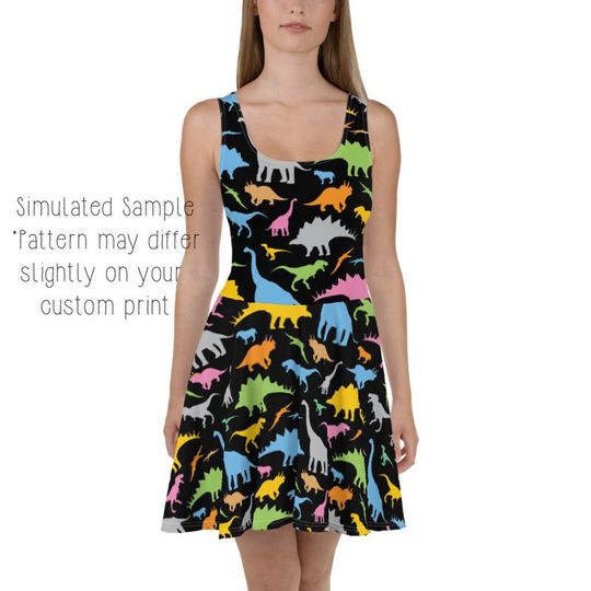 Dinosaur Flowy Skater Dress, Stretchy Fitted Dress, Skater Skirt - Women, Ladies, Girls, Evening Fun Date Night, Party, Cocktail, Colorful