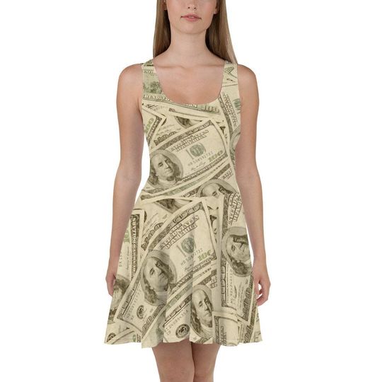 Money Flowy Skater Dress, Stretchy Fitted Dress, Skater Skirt - Women, Ladies, Girls, Fun Date Night, Party, Cocktail, Cash Bills, Benjamins