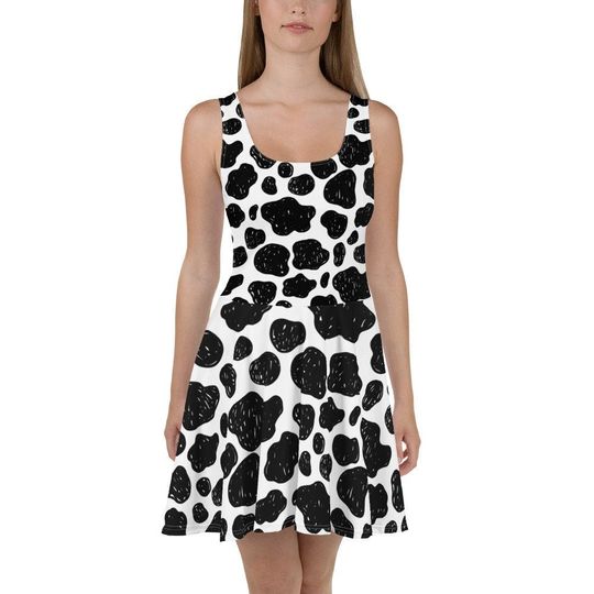 Cow Print Flowy Skater Dress, Stretchy Fitted Dress, T-Shirt Dress, Skater Skirt - Ladies, Girls, Fun Date Night, Party, Milk, Moo, Farm