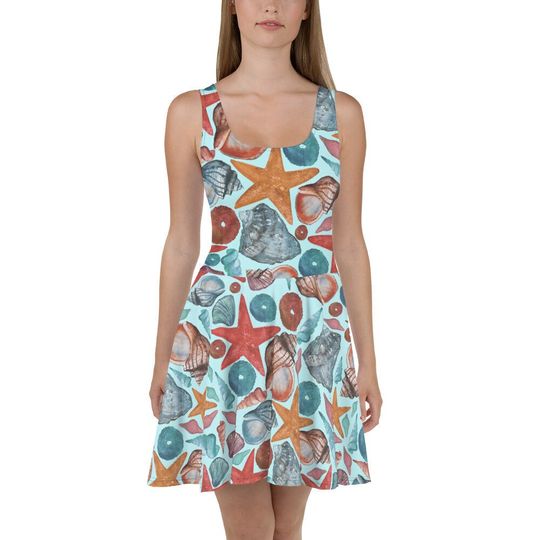 SEA LIFE Flowy Skater Dress, Stretchy Fitted Dress, Skater Skirt - Women, Ladies, Girls, Fun Date Night, Party, Cocktail, Fish, Beach, Shell