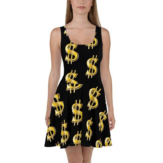Money Flowy Skater Dress, Stretchy Fitted Dress, Skater Skirt - Women, Ladies, Girls, Fun Date Night, Party, Cocktail, Cash Bills, Benjamins