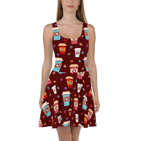 Coffee Flowy Skater Dress, Stretchy Fitted Dress, Skater Skirt - Women, Ladies, Girls, Fun, Date Night, Party, Cocktail, Caffeine Java Latte