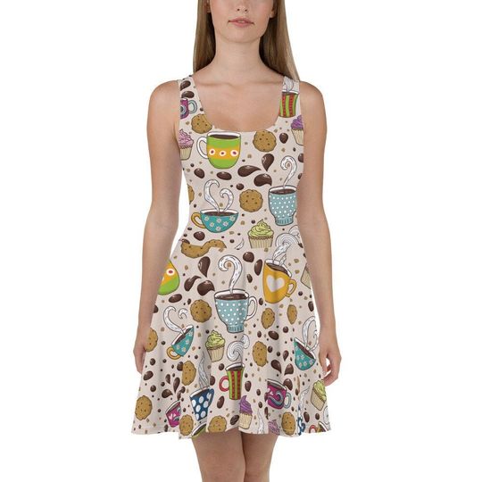Coffee Flowy Skater Dress, Stretchy Fitted Dress, Skater Skirt - Women, Ladies, Girls, Fun, Date Night, Party, Cocktail, Caffeine Java Latte