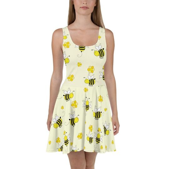 BUMBLE BEES Flowy Skater Dress, Stretchy Fitted Dress, Skater Skirt - Women, Ladies, Girls, Party, Cocktail, Hive, Honeycomb, Honey, Keeper