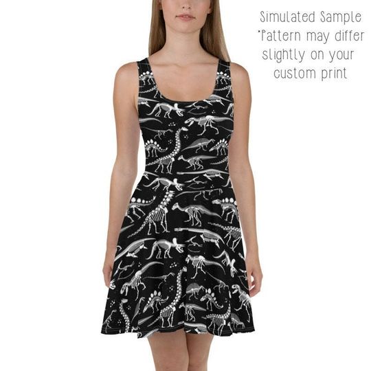 Dinosaur Flowy Skater Dress, Stretchy Fitted Dress, T-Shirt Dress Skater Skirt - Ladies, Girls, Evening Date Night, Party, Cocktail, Bones