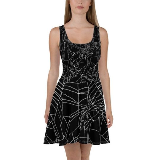 Spider Webs Flowy Skater Dress, Stretchy Fitted Dress, T-Shirt Dress Skater Skirt - Ladies, Girls, Date Night, Party, Halloween Arachnid