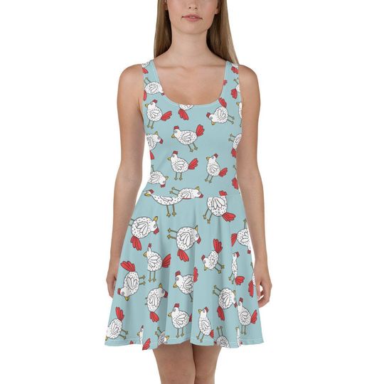 Chicken, Flowy Skater Dress, Stretchy Fitted Dress, Skater Skirt - Fun, farm, farmer, Backyard, Fowl, Pet, Cluck, Flowers, Bird