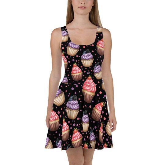 CUPCAKE Flowy Skater Dress, Stretchy Fitted Dress, Skater Skirt - Women, Ladies, Girls, Fun, Date Night, Party, Sweets, Pastry Baker, Bakery