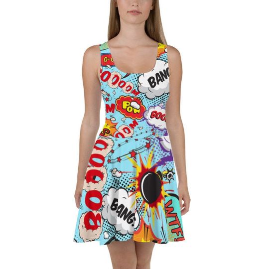 COMIC Flowy Skater Dress, Stretchy Fitted Dress, Skater Skirt - Women, Ladies, Girls, Fun Date Night, Party, Cocktail, Comicon, Strips, Hero