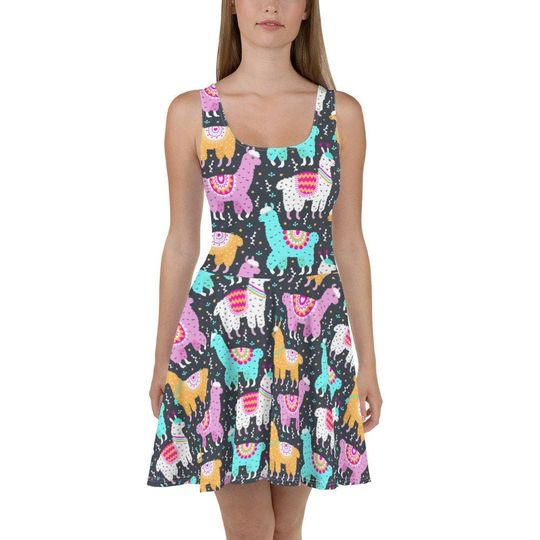 Llama  Flowy Skater Dress, Stretchy Fitted Dress, Skater Skirt - Women, Ladies, Girls, Evening Fun Date Night, Party, Cocktail, Fiesta