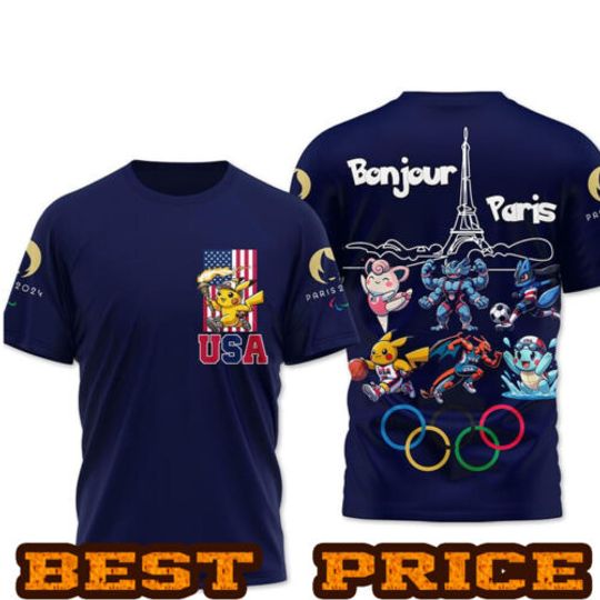 PKM Pika Team USA Paris Olympic 2024 T-Shirt, Olympic Cotton Tee, Summer Short Sleeve