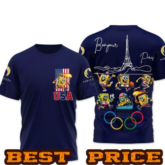 SpongeBob SquarePants Bonjour Team USA Paris Olympic 2024, Olympic Cotton Tee, Summer Short Sleeve