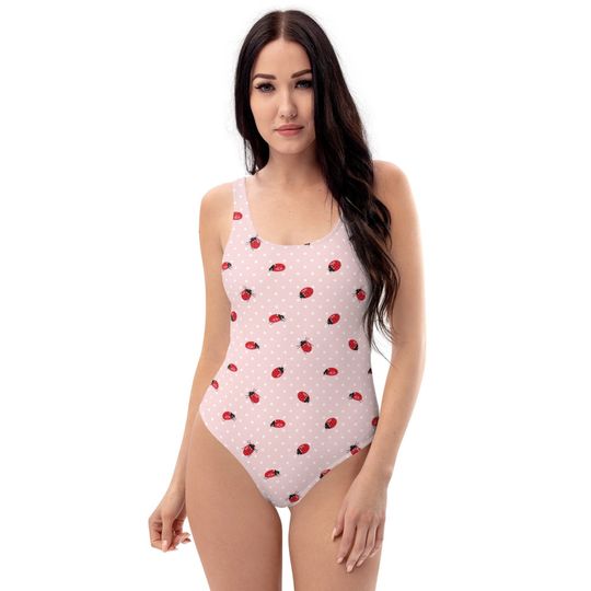 LADY BUG Bikini, Swimsuit, Bathing Suit - Women's, Youth, Kids, Children, Swim, Summer, Polka Dots, Pink, White, Ladybugs Insects Shell Luck