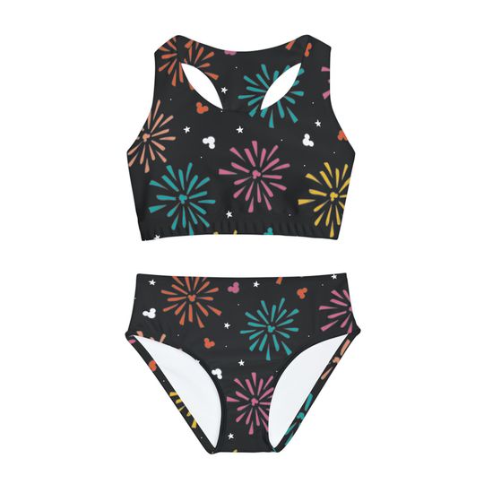 Firework Mouse Girls Two Piece Swimsuit, Sleeveless Swimwear, Kids Two Piece Swimsuits