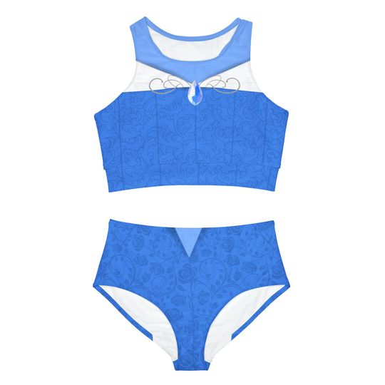 Blue Princess Swimsuit, Sleeveless Swimwear, Kids Two Piece Swimsuits