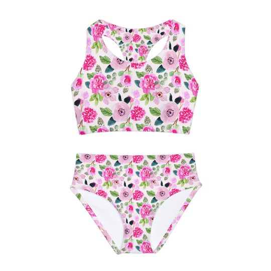 Pink Floral Girls Two Piece Swimsuit, Sleeveless Swimwear, Kids Two Piece Swimsuits