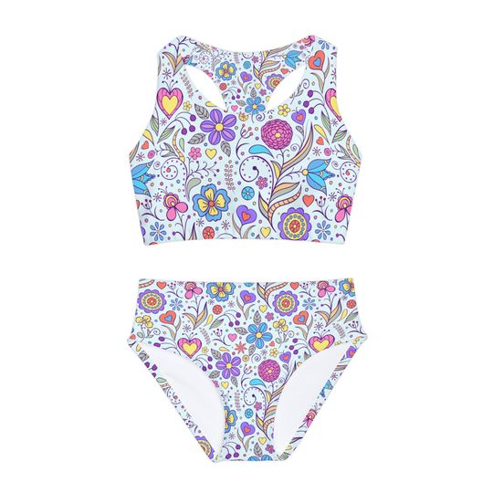 Purple Floral Girls Two Piece Swimsuit, Sleeveless Swimwear, Kids Two Piece Swimsuits