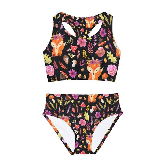 Fox Print Girls Two Piece Swimsuit, Sleeveless Swimwear, Kids Two Piece Swimsuits