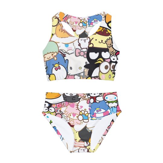 Sanrio Girls Two Piece Swimsuit, Sleeveless Swimwear, Kids Two Piece Swimsuits
