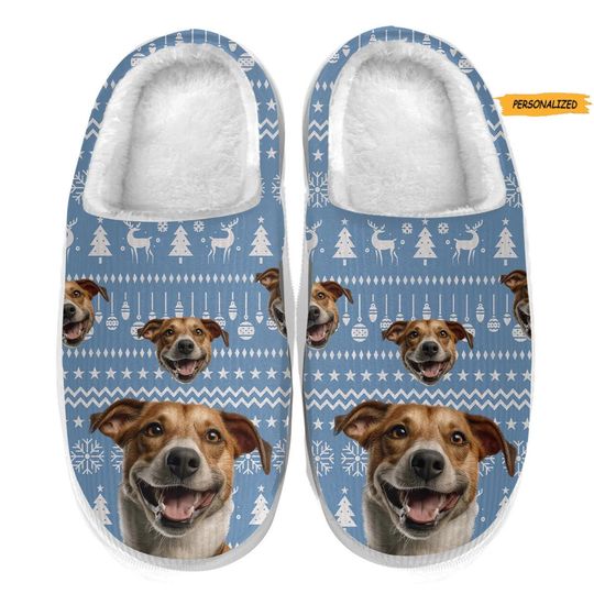Holly Jolly Dog Face Photo, Personalized Slippers, Christmas Gift For Dog Lovers, Dog Owner Gift, Custom Photo Dog Slippers, Funny Dog Gift