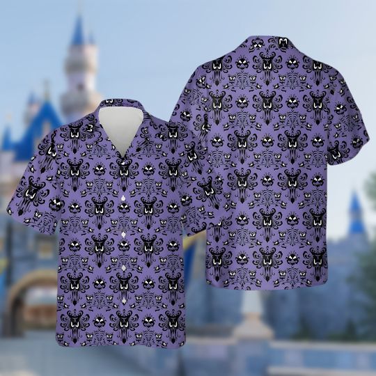 Haunted Mansion Symbol Pattern Hawaiian Shirt, Hitchhiking Ghosts Hawaii Shirt, Horror Movie Button Up, Halloween Trick Or Treat