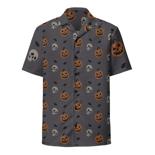 Skulls Bats and Pumpkins Patterned Button Down Shirt