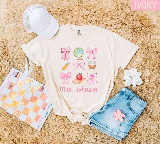 Custom Teacher shirt with pink bows Coquette Crewneck Back to school t-shirt Mrs. Teacher appreaciation gift Preppy tee First day of school