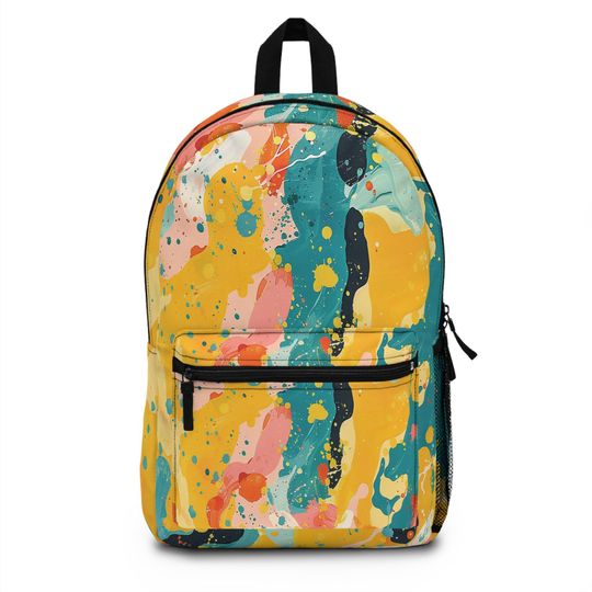 Colourful Waterproof Backpack Yellow Pink Turquoise Lightweight  Adjustable Straps - Back to School, College, Travel and Gifts Abstract Art