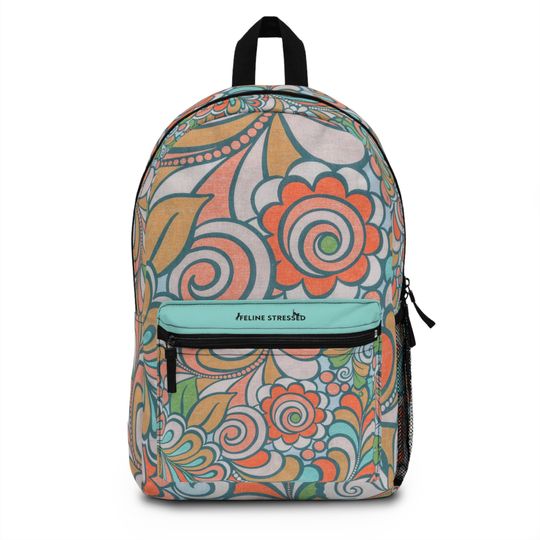 Groovy Orange and Teal Paisley Backpack | Feline Stressed | Lightweight | Waterproof | Adjustable Straps